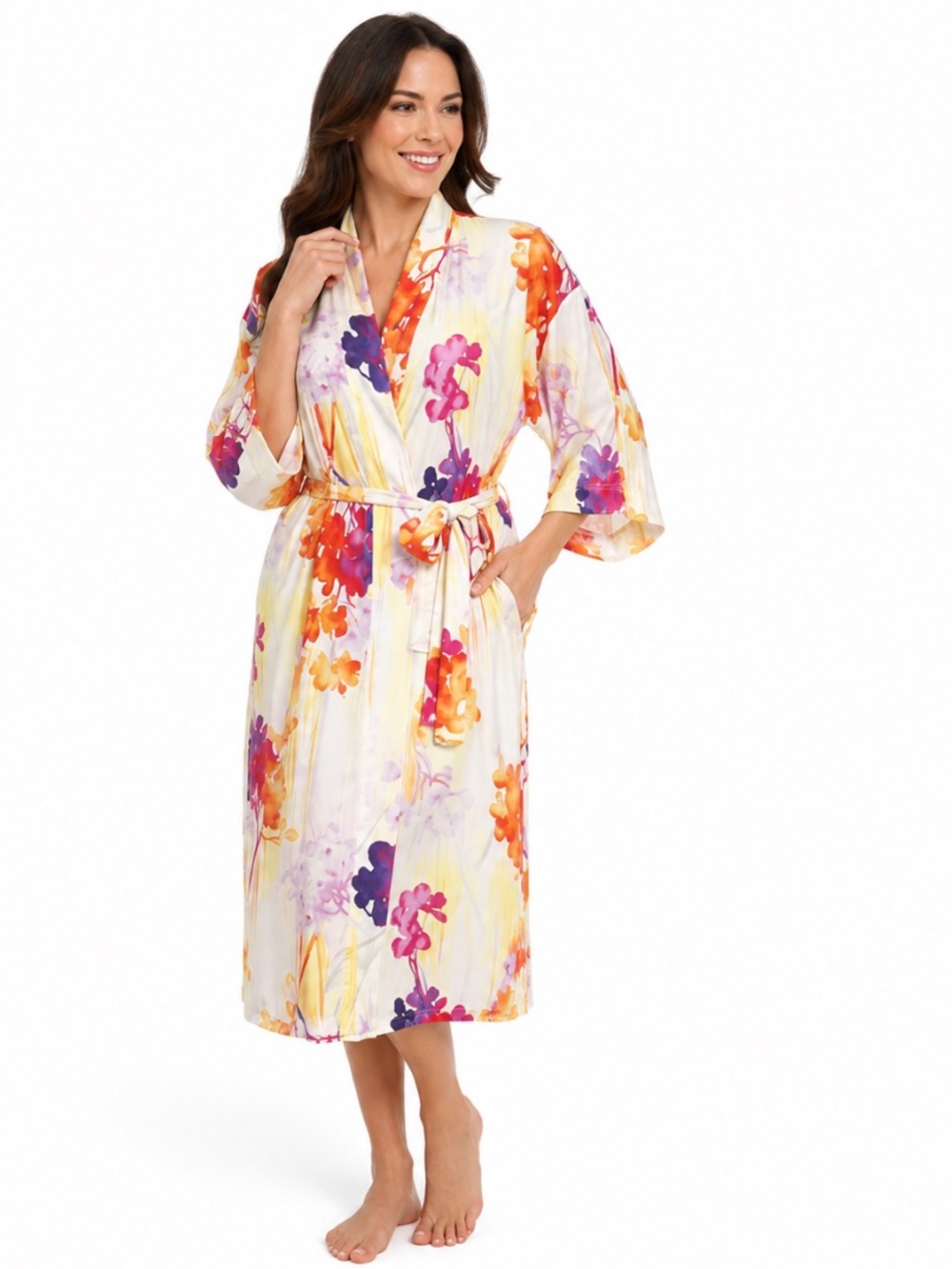 Natori Multicolor Soleil Floral Print Coquette Romantic Kimono Robe Size M